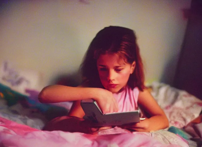 Prompt: 90's Professional Color Photography, Nikon, A girl watching cartoon in her room at night. Summer
