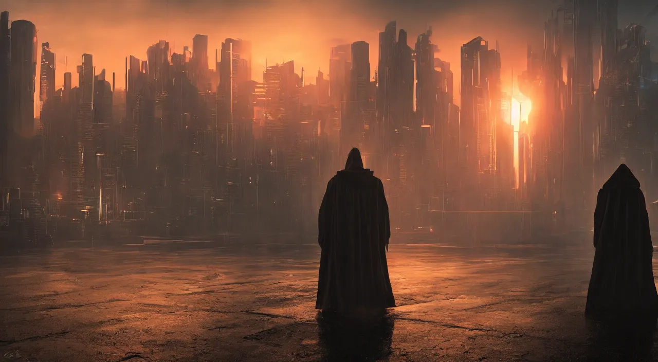 Image similar to a singular cloaked figure standing in the foreground of a cyberpunk landscape, synth, puddles, sunrise