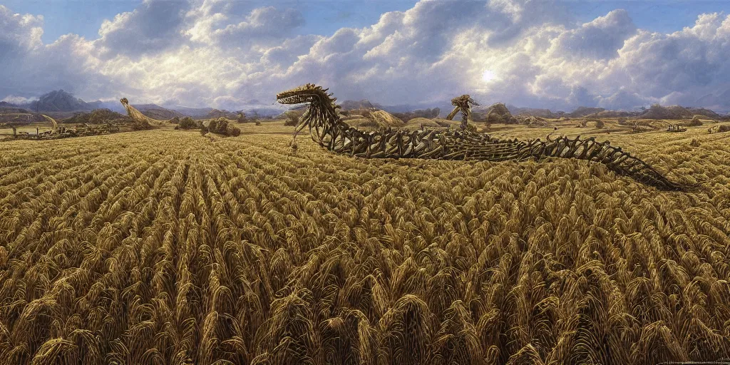 Image similar to Fantastical open landscape by Ted Nasmith, giant dragon skeleton, town, wheat fields, digital painting, concept art, landscape