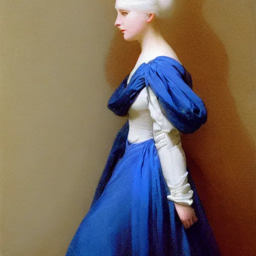 Prompt: a young woman's face, her hair is white and she wears a cobalt blue satin cloak, by ivan aivazovsky and syd mead and moebius and gaston bussiere and roger dean and pieter claesz and paul delaroche and alma tadema and aelbert cuyp and gerard borch, hyperrealistic, volumetric light, octane render