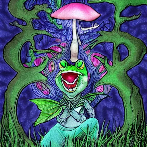 Image similar to scary fairy eating a frog in a psychedelic mushroom village, art style of junji ito, cel animation , masterpiece , post-processing , intricate , legendary matte painting