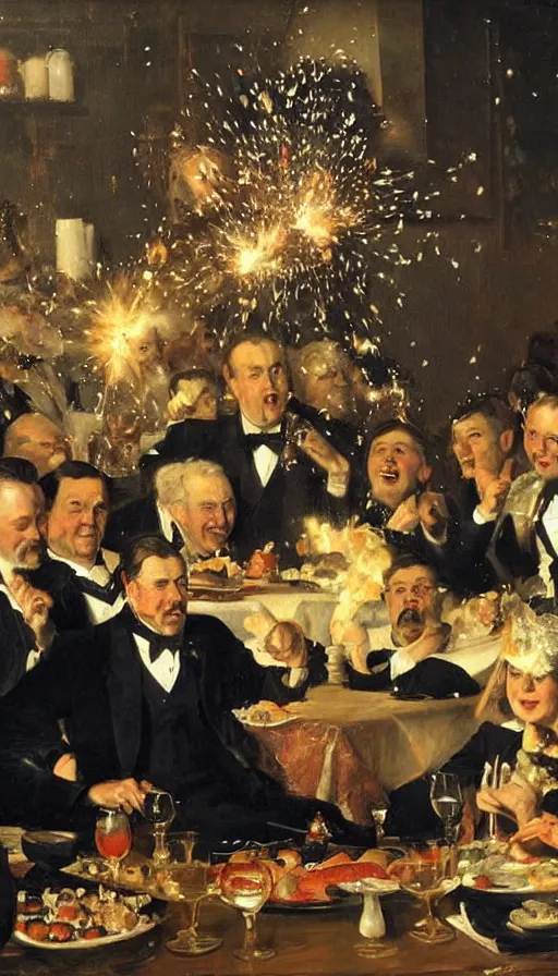 Image similar to still life painting of birthday party getting exploded by nuke, by Peder Krøyer, dramatic lighting, epic, gargantuan, intricate detail, canvas print