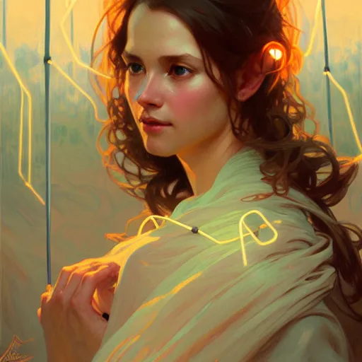 Prompt: Portrait of girl surrounded by floating nodes, face, fantasy, intricate, elegant, highly detailed, digital painting, artstation, concept art, smooth, sharp focus, illustration, art by Greg Manchess and Fernanda Suarez and Artem Demura and alphonse mucha