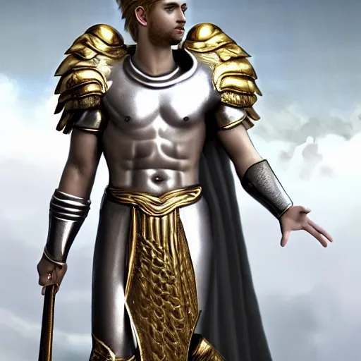 Image similar to male divine androgynous gorgeous, with a white gold high angelic armor, dark epic, roman toga, cinematic lighting, heaven background, concept art, highly detailed, photorealistic, 4 k