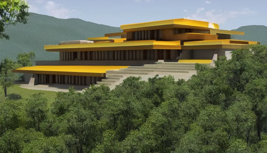 Image similar to modern temple house inspired by tibetan architecture, on a green hill, overlooking a valley with trees, frank lloyd wright, realistic render, birdseye view