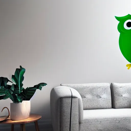 Prompt: green duolingo owl outside a window, living room, night, dark, lamp