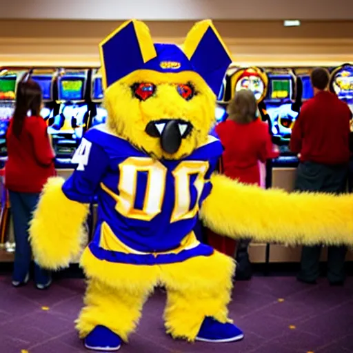 Prompt: college university mascot that is themed around a slot machine