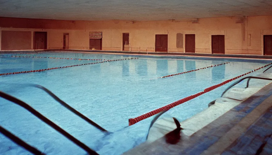 Image similar to 7 0 s movie still of an empty soviet stalinist style swimming pool flooded in water, eastmancolor, heavy grain, high quality, high detail