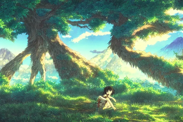 Image similar to anime key frame art of princess mononoke landscape, golden hour, studio ghibli, princess mononoke (1997)