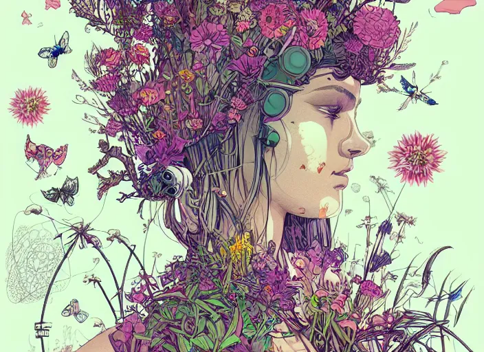 Prompt: surreal line art of beautiful cyberpunk girl with a lot of garden flowers and wild plants, poison toxic mushrooms, long grass, butterflies on its head + mystic fog, no - shadow, 7 0's vintage sci - fi style, by moebius, kim jung gi, poster art by android jones, behance contest winner, made of flowers, grotesque