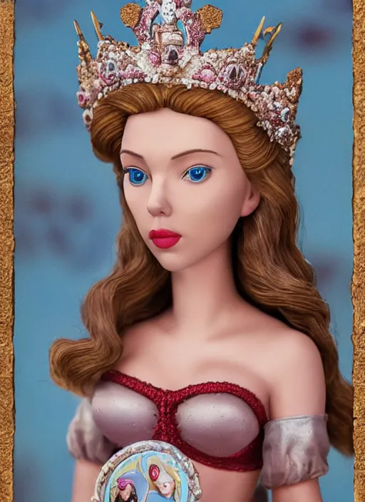 Image similar to closeup face profile portrait of tin toy scarlett johansson as a fairytale princess wearing a crown eating cakes, bikini, depth of field, zeiss lens, detailed, symmetrical, centered, fashion photoshoot, by nicoletta ceccoli, mark ryden, lostfish, breathtaking, 8 k resolution, extremely detailed, beautiful, establishing shot, artistic, hyperrealistic, octane render