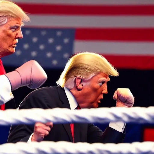 Image similar to donald trump and joe biden boxing in a boxing match photo - realistic