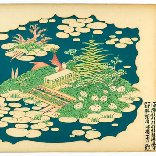 Prompt: 3d isometric botanical illustration of a small city in an island surrounded by water, with a monster visible far away, by maria sibylla merian in Ukiyo-e style, HD