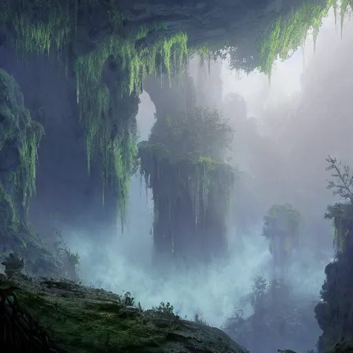 Prompt: photo an deep underground cave embellished with a lush jungle of beautiful alien trees, fog and clouds, 4 k rtx hdr volume light concept studio matte painting environement digital illustration fanart artstation by eytan zana and balazs agoston, jad saber, aaron limonick, pablo dominguez and florent lebrun and robby johnson