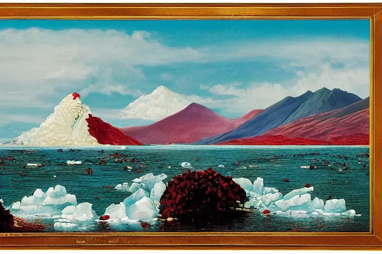 Prompt: a large island of red caviar and ice cream in the center of which there are mountains with ice cream ( five scoops ice cream cone original oil by suekill ), instead water brown coca cola ( cold brew coffee ), big island, by hans thoma