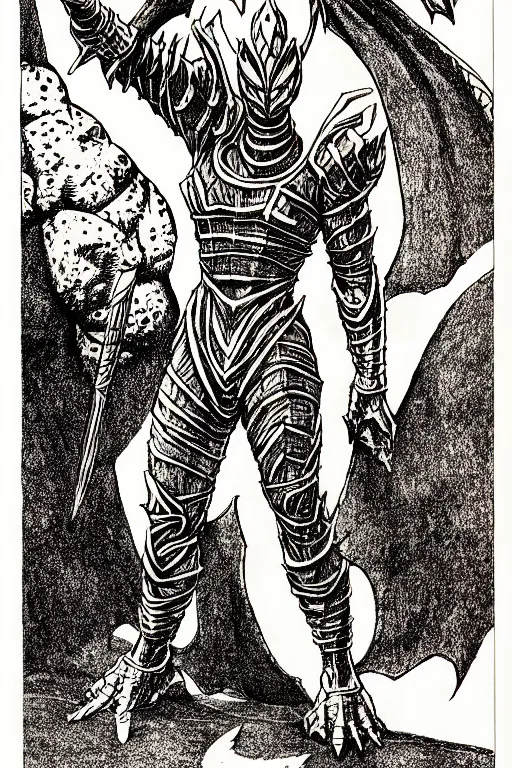 Prompt: ultraman as a d & d monster, full body, pen - and - ink illustration, etching, by russ nicholson, david a trampier, larry elmore, 1 9 8 1, hq scan, intricate details, inside stylized border