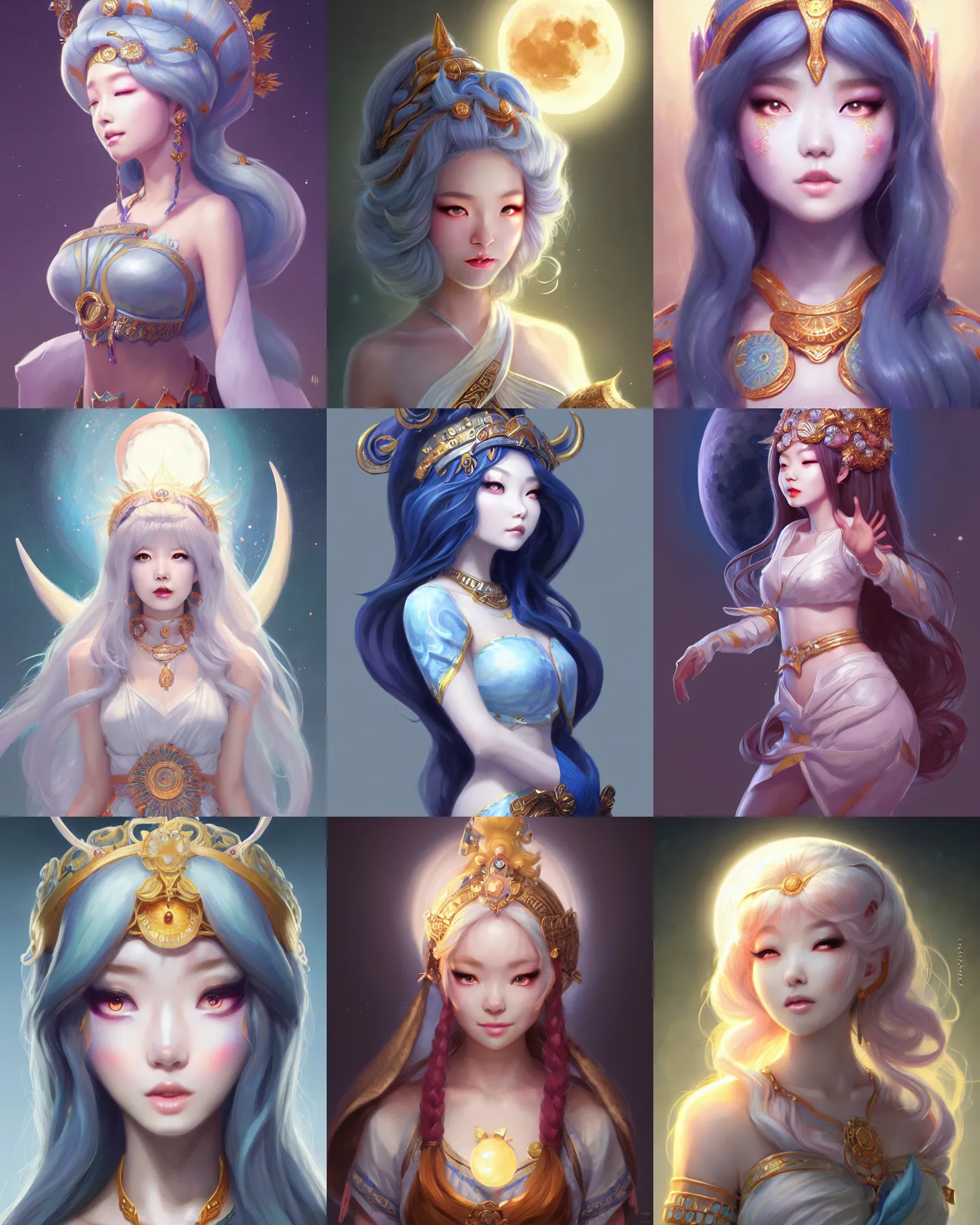 Prompt: Character concept art of Ssunbiki as a moon goddess || foliage clothing, cute-fine-face, pretty face, realistic shaded Perfect face, fine details by Stanley Artgerm Lau, WLOP, Rossdraws, James Jean, Andrei Riabovitchev, Marc Simonetti, and Sakimichan, tranding on artstation
