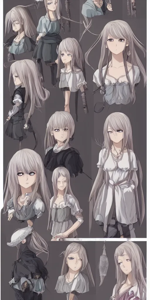 Prompt: Reference sheet for a narcoleptic and sleepy girl, in the style of anime, RPG maker, renaissance style, extremely detailed clothing, extremely detailed face and eyes, 4k, 8k, HDR, beautiful, some with her eyes closed and some with her eyes open, full body