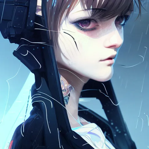 Image similar to by kyoto animation, cool girl wearing cyberpunk intricate streetwear, beautiful, detailed symmetrical close up portrait, intricate complexity, in the style of artgerm and ilya kuvshinov, cell shaded, 4 k, concept art, by wlop, krenz cushart, greg rutkowski, pixiv. cinematic dramatic atmosphere, cinematic lighting, studio quality