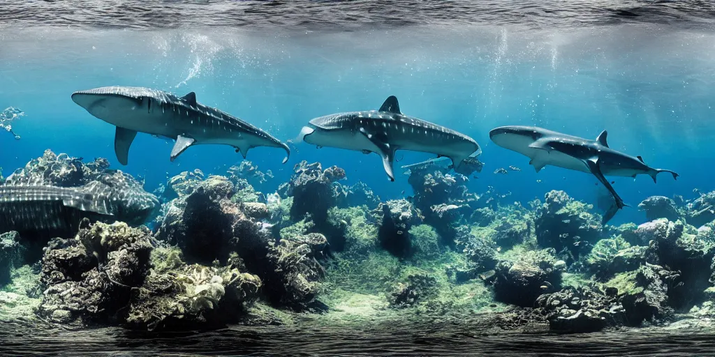 Prompt: hyperrealistic underwater photography, panoramic picture of an ocean floor with in the distance some whale sharks. focus on the sharks. the sharks are anatomically correct and highly detailed. the shark's eyes are intricately detailed. there are lots of bubbles. seaweed and some rocks. gloomy scattered light entering from the water surface, trending on artstation, hq, 4 k