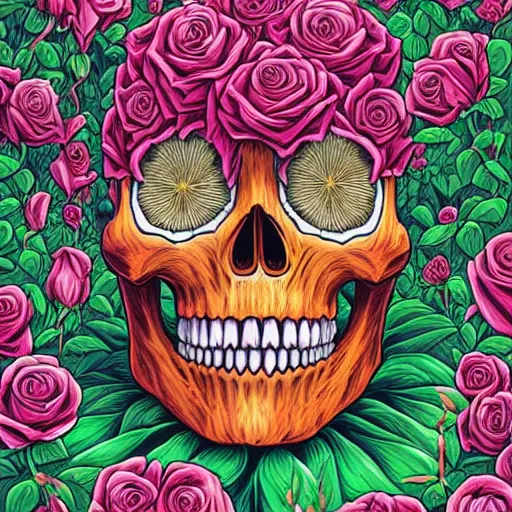 Image similar to ortographic view of a large skull and vivid roses by Jen Bartel and Dan Mumford and Satoshi Kon, gouache illustration