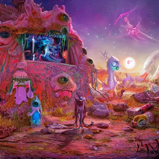 Image similar to extraterrestrial wedding in village on ancient post - apocalyptic planet, jim henson creature shop, vivid and colorful, cinematic, oil painting, highly detailed, illustration