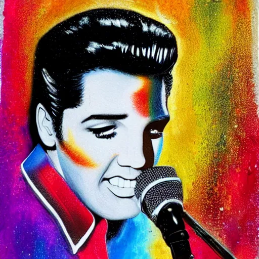 Prompt: elvis presley performing in a jumpsuit, art by alessandro pautasso, rainbow abstract face, fractal, paint splash, full body, beautiful