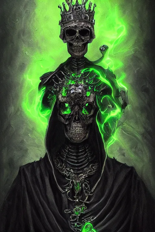 Image similar to portrait of an ominous skeleton king dressed in black robes wielding poisonous powers, glowing green and black tones, oil on canvas, gothic style, ornate, elegant, highly detailed, realistic, concept art, trending on artstation