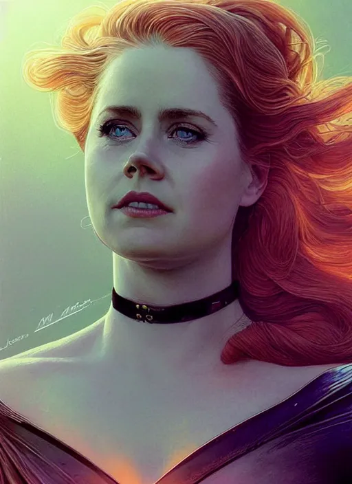 Prompt: epic portrait of Amy Adams wearing black choker, a very strong muscled Amazon heroine, sun beams across sky, pink golden hour, intricate, elegance, highly detailed, shallow depth of field, epic vista, concept art, art by Artgerm and Donato Giancola, Joseph Christian Leyendecker