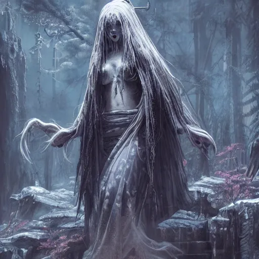 Image similar to black smoke creepy yuki - onna, 8 k resolution, horror creepy predator, trending on artstation, james gurney, ferdinand knab,