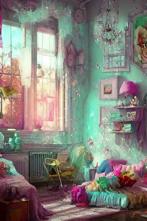 Image similar to hq sharp photo realistic shabby chic room with windows colorful atmospheric, lisa frank, greg rutkowski, artstation behance