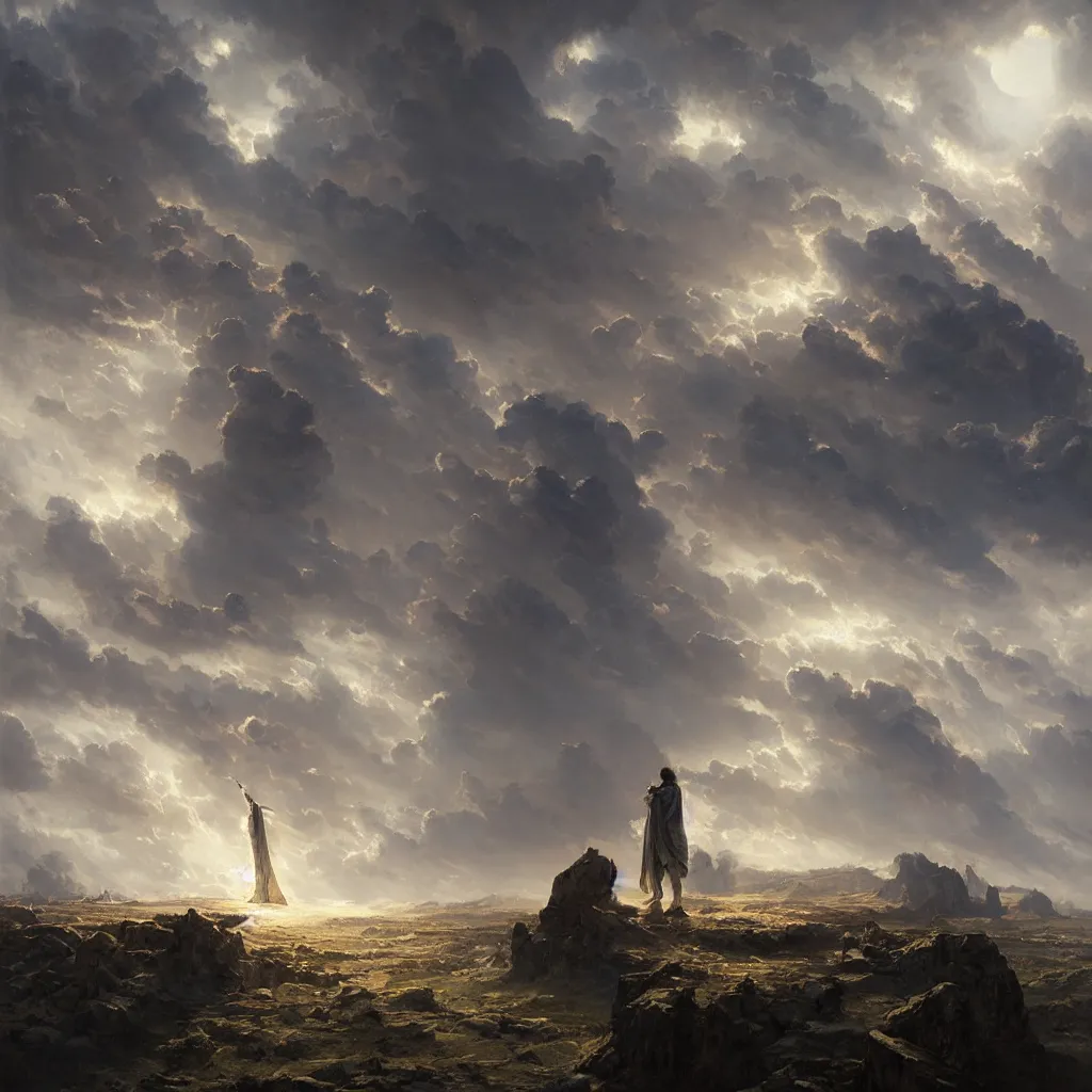 Image similar to a sending down [ of the revelation ] from him who created the earth and the lofty heavens, overdetailed art, by greg rutkowski, sharp focus, man standing