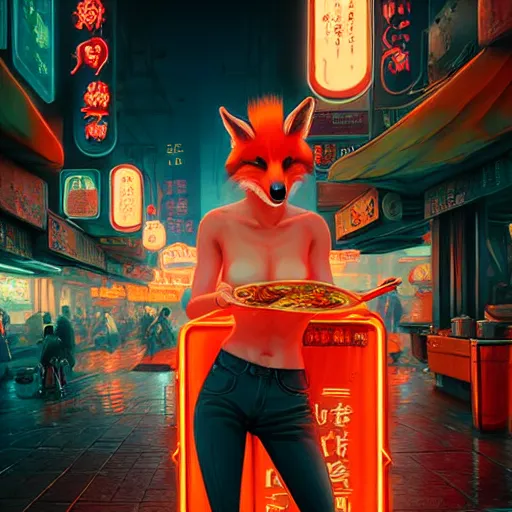 Image similar to splash art of anthropomorphic female vulpes vulpes fulva woman at a noodle stand eating ramen in the crowded street of a cyberpunk city, rain, harsh neon lighting, realistic, ultra detailed, by greg rutkowski, wlop, sakimichan, artgerm