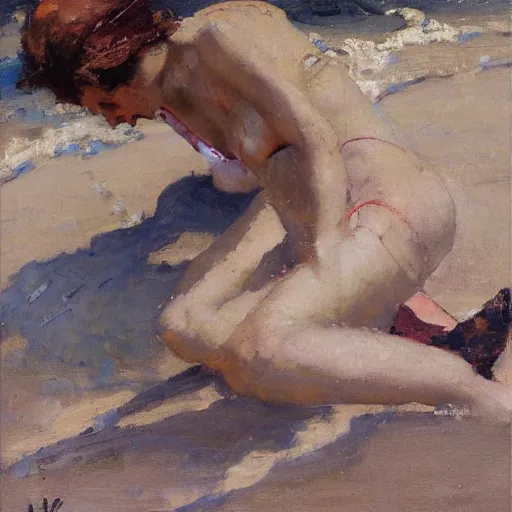 Prompt: woman on the beach, dean cornwell style,