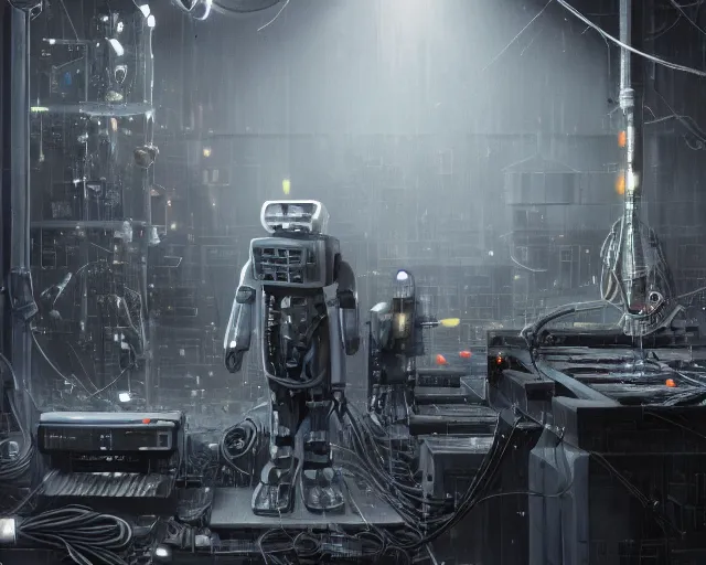 Prompt: blender gloomy colossal ruined server room in datacenter robot figure automata headless drone robot knight welder posing pacing fixing soldering mono sharp focus, emitting diodes, smoke, artillery, sparks, racks, system unit, motherboard, by pascal blanche rutkowski artstation hyperrealism cinematic dramatic painting concept art of detailed character design matte painting, 4 k resolution blade runner