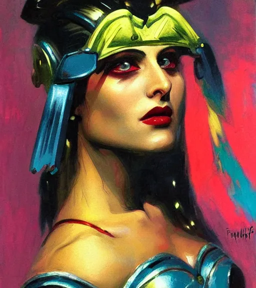 Image similar to portrait of junoesque iranian female chaos angel, beautiful! coherent! by frank frazetta, by brom, strong line, vivid neon color, shining metal power armor, iron helm, high contrast, maximalist