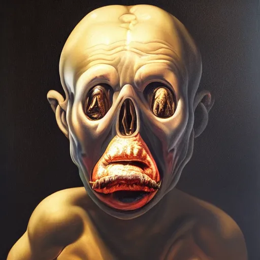 Image similar to oil painting black background extreme chiaroscuro by christian rex van minnen of a portrait of an extremely bizarre disturbing mutated man with proteus syndrome shiny bulbous tumor intense chiaroscuro lighting perfect composition