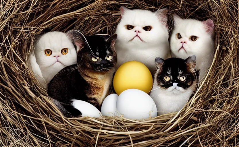 Image similar to david attenborough in a nest of eggs, exotic shorthair cat, mother cat, national geographic, strange, photorealistic