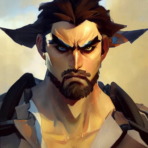 Image similar to greg manchess portrait painting of eren jager as overwatch character, medium shot, asymmetrical, profile picture, organic painting, sunny day, matte painting, bold shapes, hard edges, street art, trending on artstation, by huang guangjian and gil elvgren and sachin teng