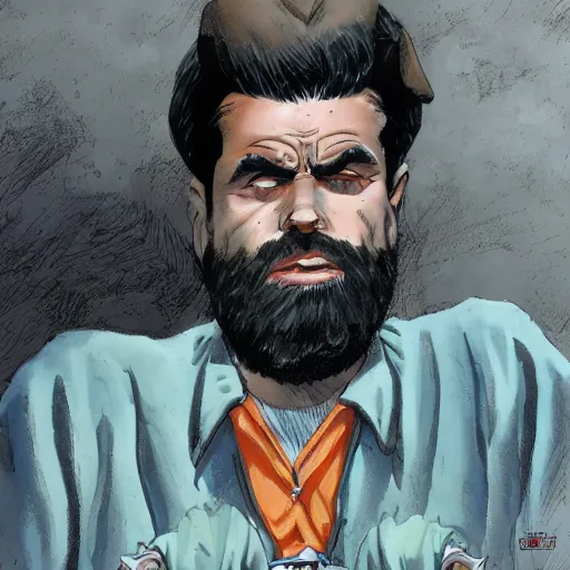 Image similar to portrait of a young bearded man, in the style of Enki Bilal and Joe Jusko and Alex Ross