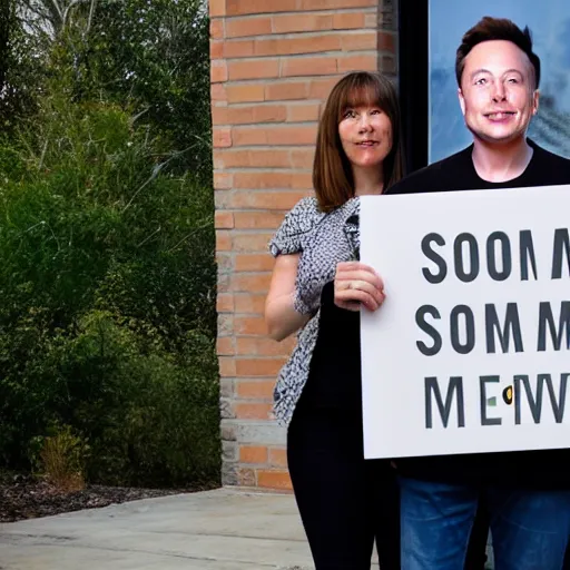 Image similar to a medium shot photograph of elon musk holding a sign with the word SOON SOON SOON SOON' on it, 4k, ultra HD