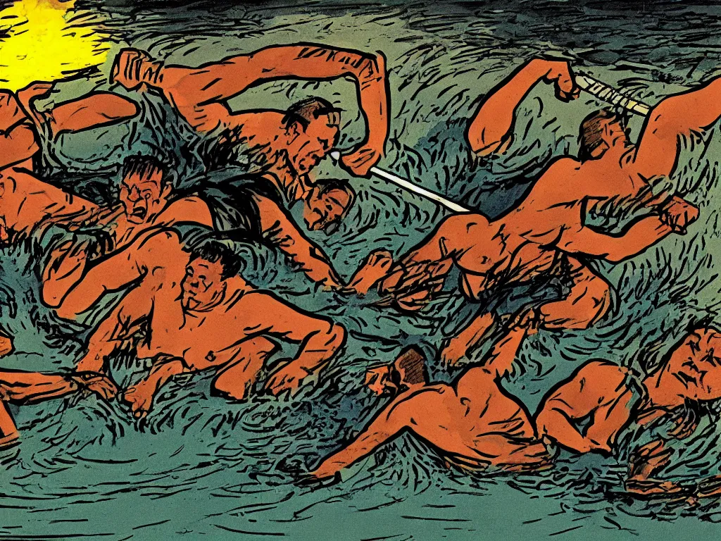 Image similar to a fine illustration of an ultra violent machete fight involving two gargantuan men in a floodlit swimming pool at dawn in the style of herge