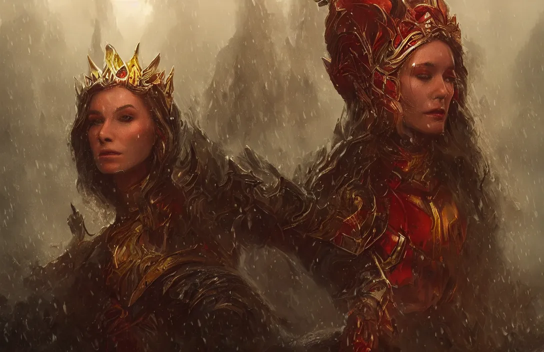 Image similar to a realistic detail portrait of a beautiful queen in middle earth, raining, thunder, magic, dragon, oil painting by Julian calle, wlop, greg rutkowski, Finnian MacManus, Trending on artstation, red and yellow scheme, 8k, RE Engine