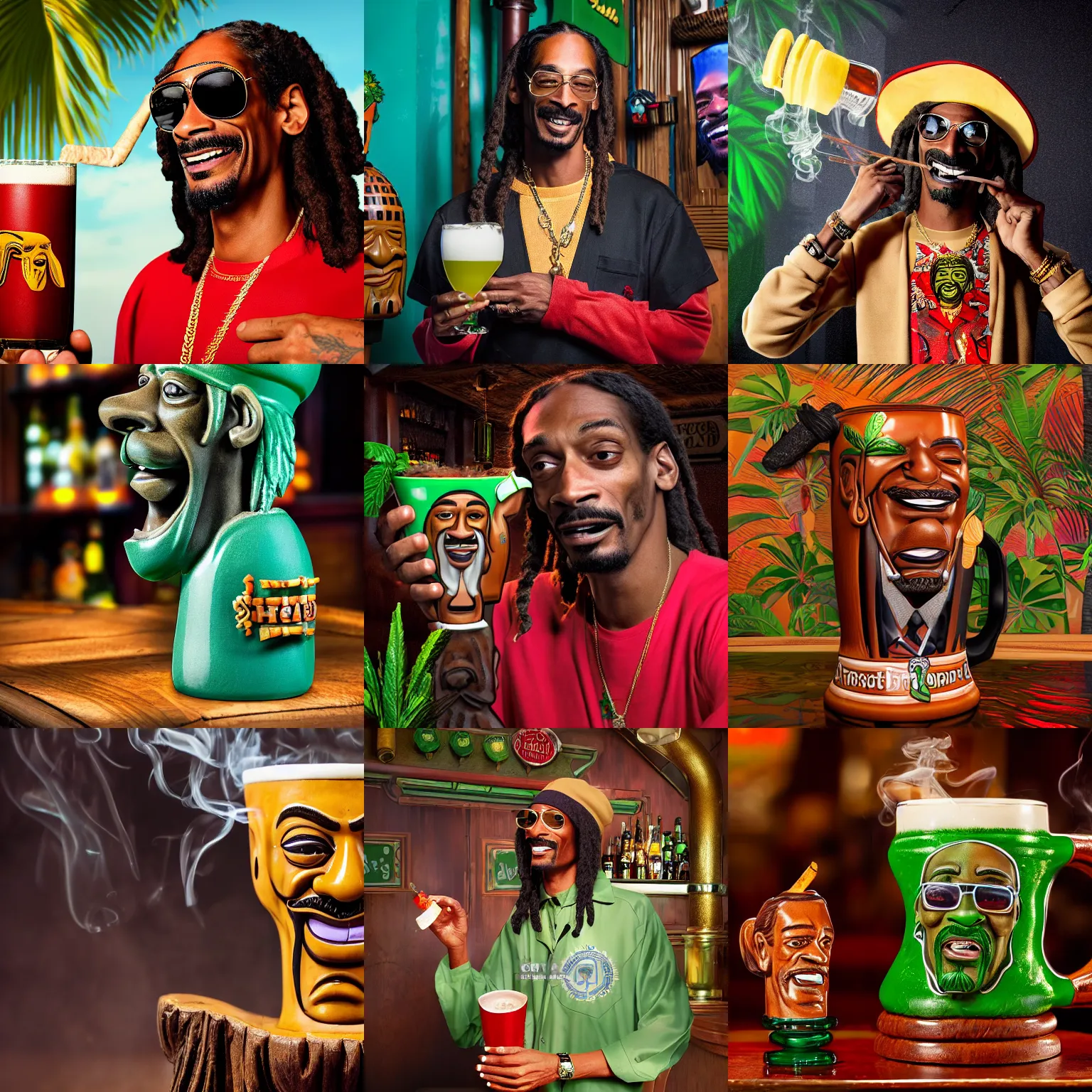 Image similar to a closeup photorealistic photograph of happy blunt smoking snoop dogg at trader vic's bar holding up a trader vic's style tiki mug featuring snoop dogg's face. tiki culture. lit scene. 4 k hd image that's trending on artstation, featured on behance, well rendered, extra crisp, features epic composition and the style of unreal engine.