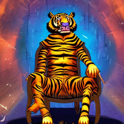 Image similar to a wizard is sitting on a chair as a tiger , dynamic pose, chromatic aberration , medium level shot, fantasy, illustration, concept art,