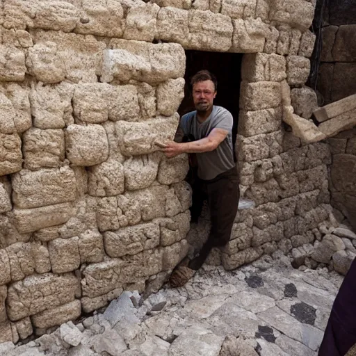 Image similar to award winning cinematic still of 40 year old man in ancient Canaanite clothing building a broken wall in Jerusalem, directed by Christopher Nolan