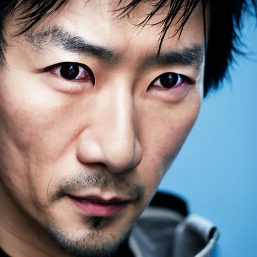 Image similar to a close up photographic portrait of a handsome japanese actor wearing wet weather gear looking worried taken by annie leibowitz. cinematic lighting, blue background colour, 5 0 mm, subsurface scatter, sci fi.