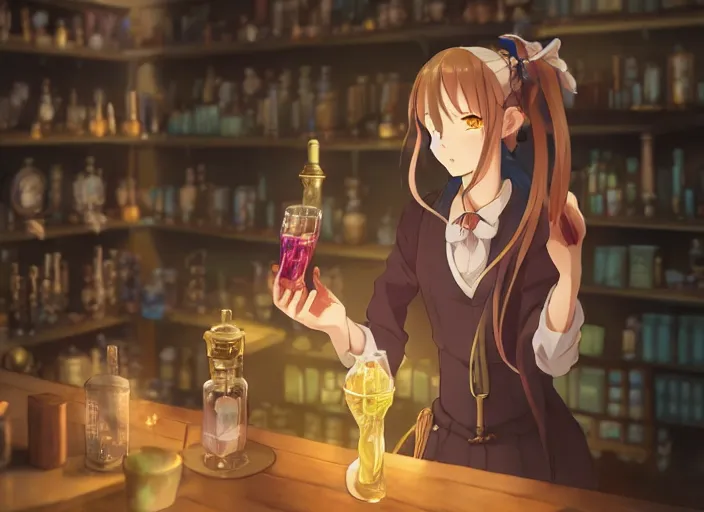 Prompt: anime, portrait of a young woman in a alchemist's potion shop interior looking at a glowing potion, yoshinari yoh, dynamic pose perspective, moody, detailed facial features, kyoani, rounded eyes, sharpened image, cel shade