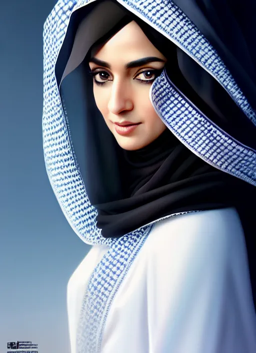 Image similar to arab ameera al taweel, blue eyes, black hair, white veil, in the style of stefan kostic, realistic, sharp focus, 8k high definition, insanely detailed, intricate, elegant, art by stanley lau and artgerm