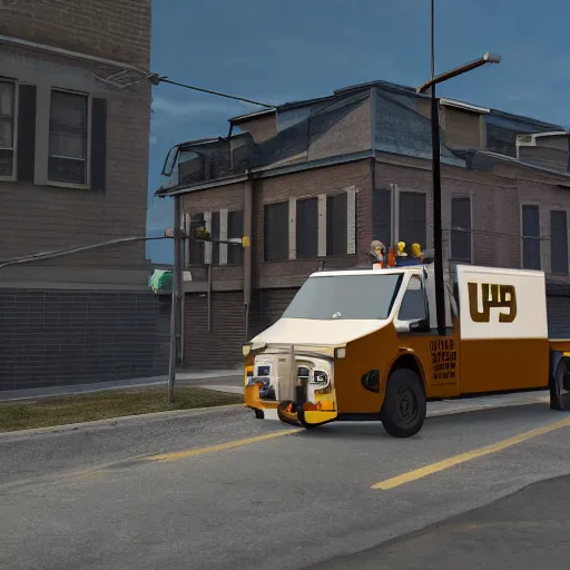 Image similar to a ups truck got stuck on a roof, digital art, unreal engine 5, 4 k